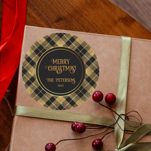 エレガントタータンチェックブラック金ゴールドグリッター ラウンドシール