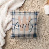 エレガントタータンチェックブルークリームモノグラム クッション (ブランケット)