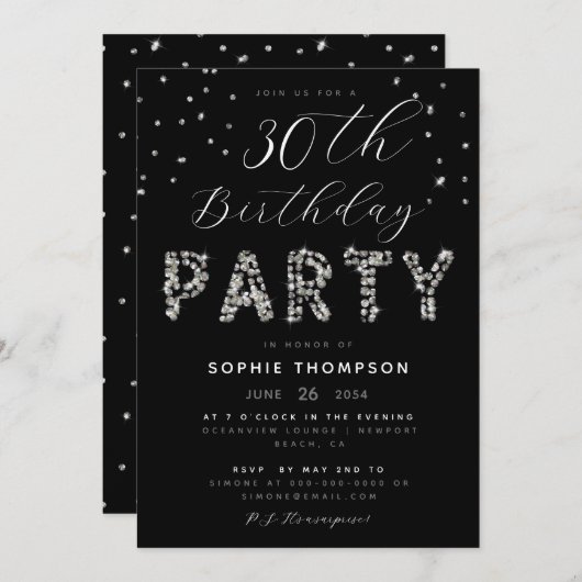 エレガントダイアモンズスパークルズグリッター誕生日パーティー 招待状 (正面/裏面)