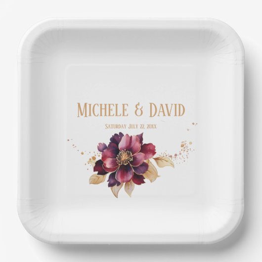 エレガントダイニングオンホワイト金ゴールドブルゴーニュ広場 ペーパープレート (正面)
