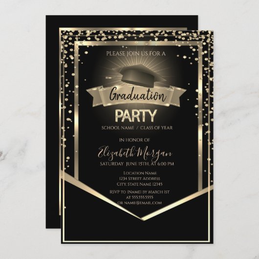 エレガントダイヤモンドグラッドキャップブラック卒業 招待状 (正面/裏面)