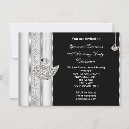 エレガントダイヤモンドスワンホワイトシルバーブラック誕生日 招待状 (正面)
