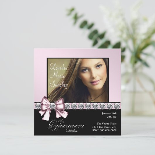 エレガントダイヤモンドピンクボウ写真キンセアニェラ 招待状 (スタンド正面)