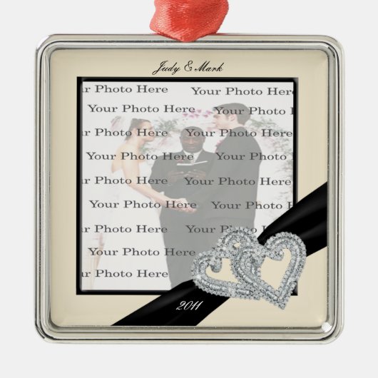 エレガントダイヤモンドブラックリボンシルバースクエアオーナメント メタルオーナメント (正面)