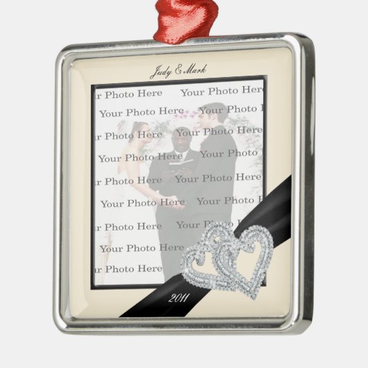 エレガントダイヤモンドブラックリボンシルバースクエアオーナメント メタルオーナメント (左)