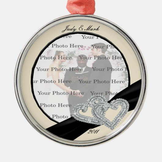 エレガントダイヤモンドブラックリボンシルバーラウンドオーナメント メタルオーナメント (正面)