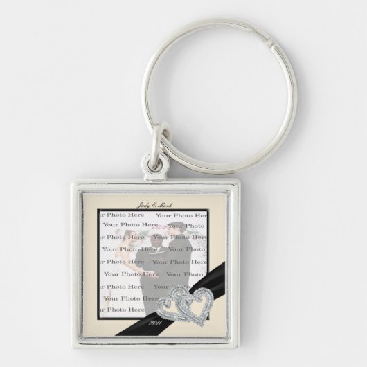 エレガントダイヤモンドブラックリボン正方形キーチェーン キーホルダー (正面)