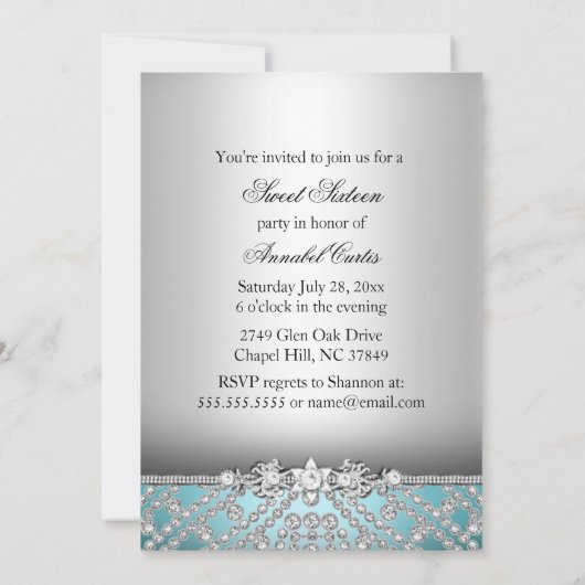 エレガントダイヤモンドブルースウィート16パーティー招待状 招待状 (裏面)