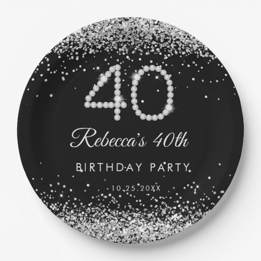 エレガントダイヤモンド40th誕生日パーティー紙プレート ペーパープレート (正面)