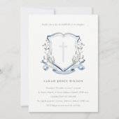 エレガントダスキーブルーワイルドフラワークロスクレストバプテスマ 招待状 (正面)