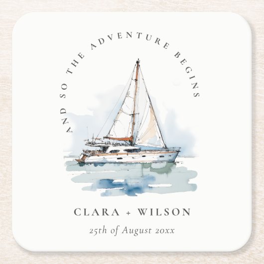 エレガントダスキーヨットシースケープ結婚ス スクエアペーパーコースター (正面)
