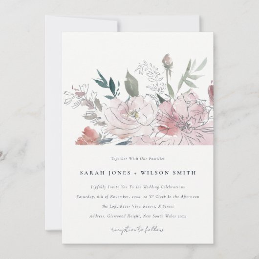 エレガントダスキー赤面ウォーター色フローラ結婚ズ 招待状 (正面)