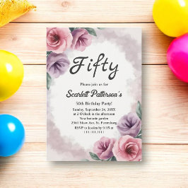 エレガントダスティパープルウォーターフローラ誕生日 招待状