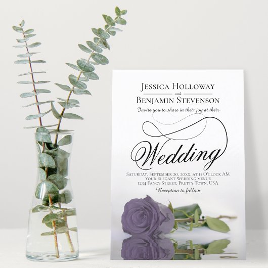 エレガントダスティパープルバラクラススクリプ結婚ト 招待状