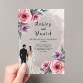 エレガントダスティパープル水彩フローラ結婚ズ アクリル招待状 (インサイチュ (ポータブル))