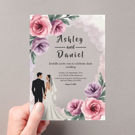 エレガントダスティパープル水彩フローラ結婚ズ アクリル招待状 (インサイチュ (ポータブル))
