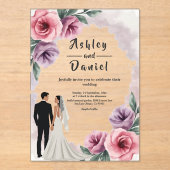 エレガントダスティパープル水彩フローラ結婚ズ アクリル招待状 (正面)