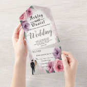 エレガントダスティパープル水彩フローラ結婚ズ オールインワン招待状 (貼ってはがせる)