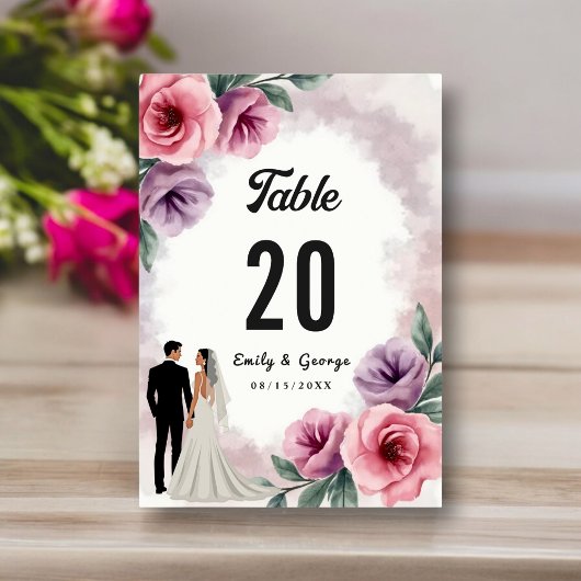 エレガントダスティパープル水彩フローラ結婚ズ テーブルナンバー