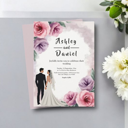エレガントダスティパープル水彩フローラ結婚ズ 招待状