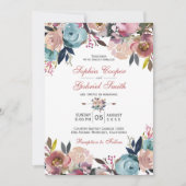 エレガントダスティピンクピーチブルーフローラ結婚ズ 招待状 (正面)