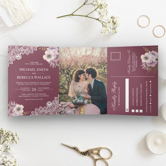 エレガントダスティピンクフローラレ結婚ースの写真 三つ折り招待状