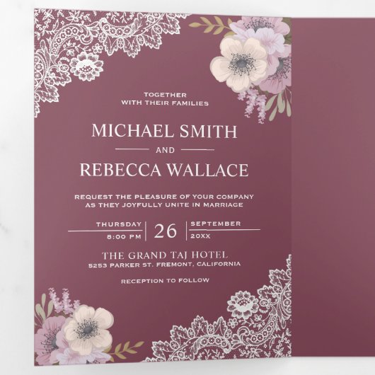 エレガントダスティピンクフローラレ結婚ースの写真 三つ折り招待状 (内部最初)