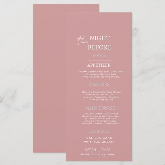 エレガントダスティピンクホワイトリハーサル結婚ディナー メニュー (正面/裏面)