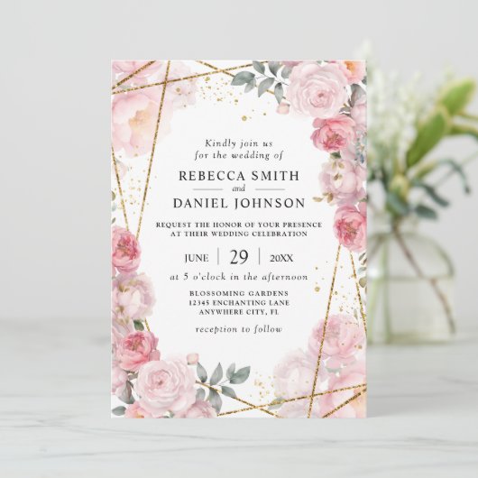 エレガントダスティピンクローズ&金ゴールドジオメトリック結婚ス 招待状 (スタンド正面)