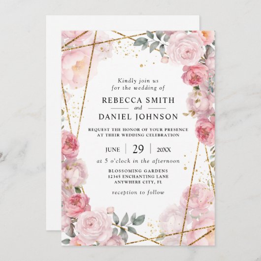 エレガントダスティピンクローズ&金ゴールドジオメトリック結婚ス 招待状 (正面/裏面)