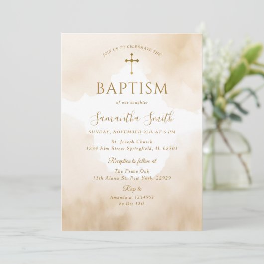 エレガントダスティブラウンウォーター色金ゴールドクロスバプテスマ 招待状 (スタンド正面)