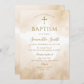 エレガントダスティブラウンウォーター色金ゴールドクロスバプテスマ 招待状 (正面/裏面)