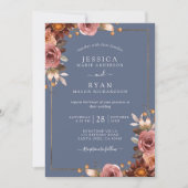 エレガントダスティブルーとダスティーバラフローラ結婚 招待状 (正面)