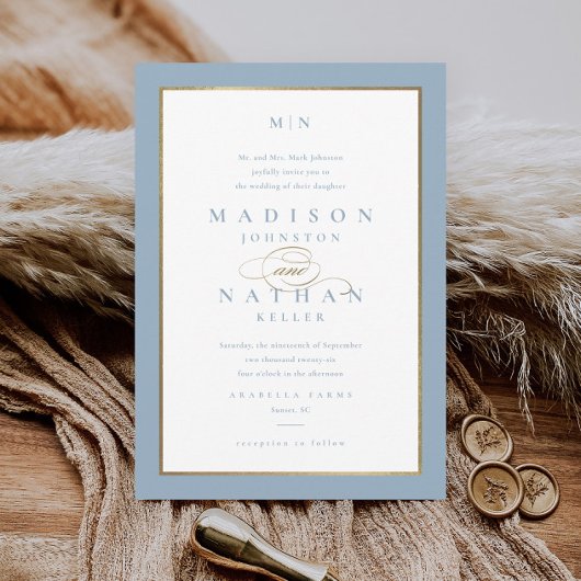 エレガントダスティブルーと金ゴールド結婚ズ 招待状