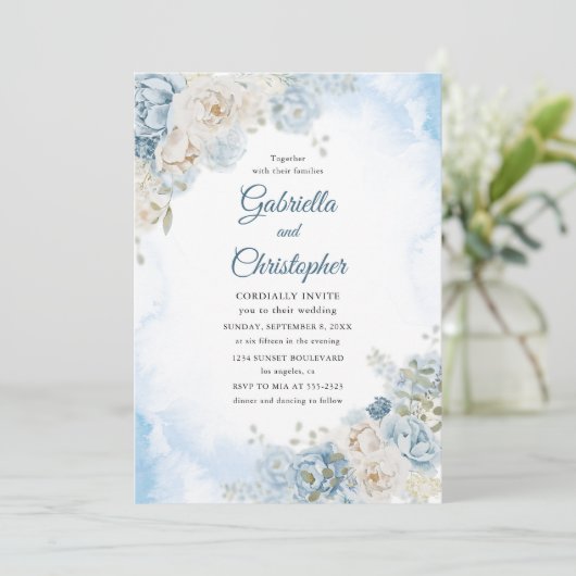 エレガントダスティブルーアイボリーバラ結婚花 招待状 (スタンド正面)