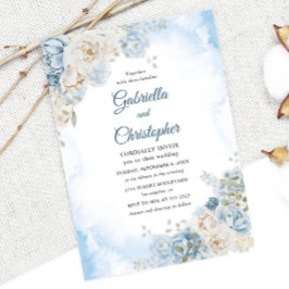 エレガントダスティブルーアイボリーバラ結婚花 招待状