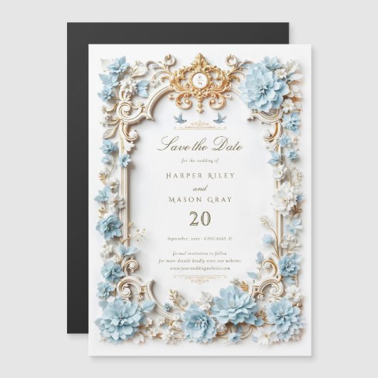 エレガントダスティブルーアジサイフェイクエンボス マグネット招待状 (正面/裏面)