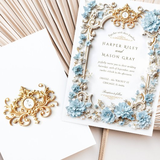 エレガントダスティブルーアジサイフェイクエンボス 招待状