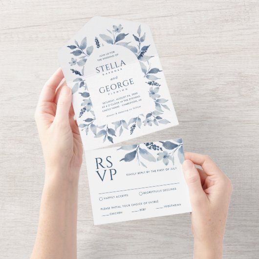 エレガントダスティブルーウォーターフローラアルチ結婚ーズ オールインワン招待状 (貼ってはがせる)