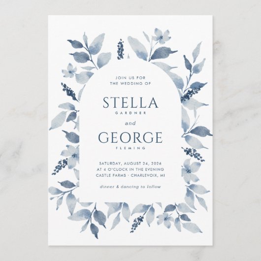 エレガントダスティブルーウォーターフローラアルチ結婚ーズ 招待状 (正面)