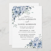 エレガントダスティブルーウォーターフローラ結婚ズ 招待状 (正面/裏面)