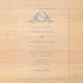 エレガントダスティブルークラウン王室のリースモノグラム アクリル招待状 (正面)