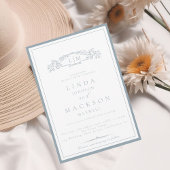 エレガントダスティブルークレストモノグラム結婚ズ 招待状