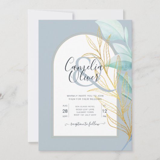 エレガントダスティブルーシーグラス金ゴールドリーフアー結婚チの 招待状 (正面)