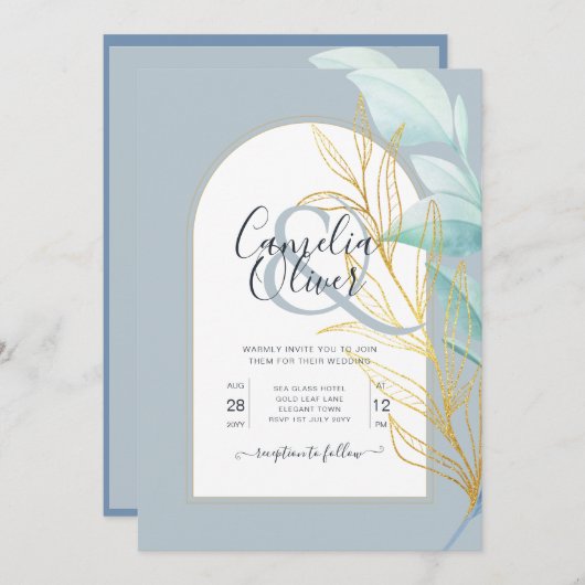 エレガントダスティブルーシーグラス金ゴールドリーフアー結婚チの 招待状 (正面/裏面)