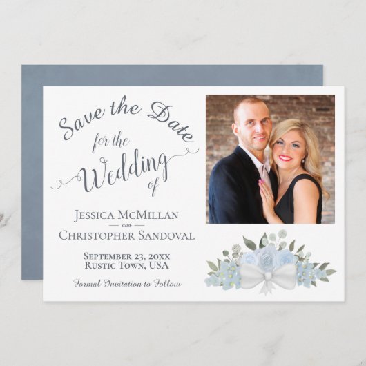 エレガントダスティブルーバラ書道写真結婚の セーブザデート (正面/裏面)