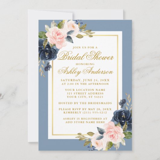 エレガントダスティブルーピンクフローラブライダルシャワー金ゴールド 招待状 (正面)