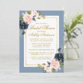 エレガントダスティブルーピンクフローラブライダルシャワー金ゴールド 招待状 (スタンド正面)