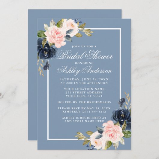 エレガントダスティブルーピンクフローラブライダルシャワー 招待状 (正面/裏面)