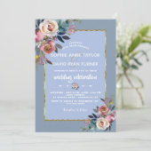 エレガントダスティブルーピンクフローラ金ゴールドフレ結婚ーム 招待状 (スタンド正面)